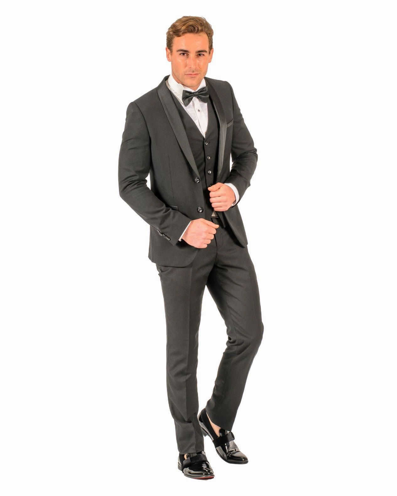 2 Button Black Slim Fit Suit with Shawl Lapel FF2SSX V-1230