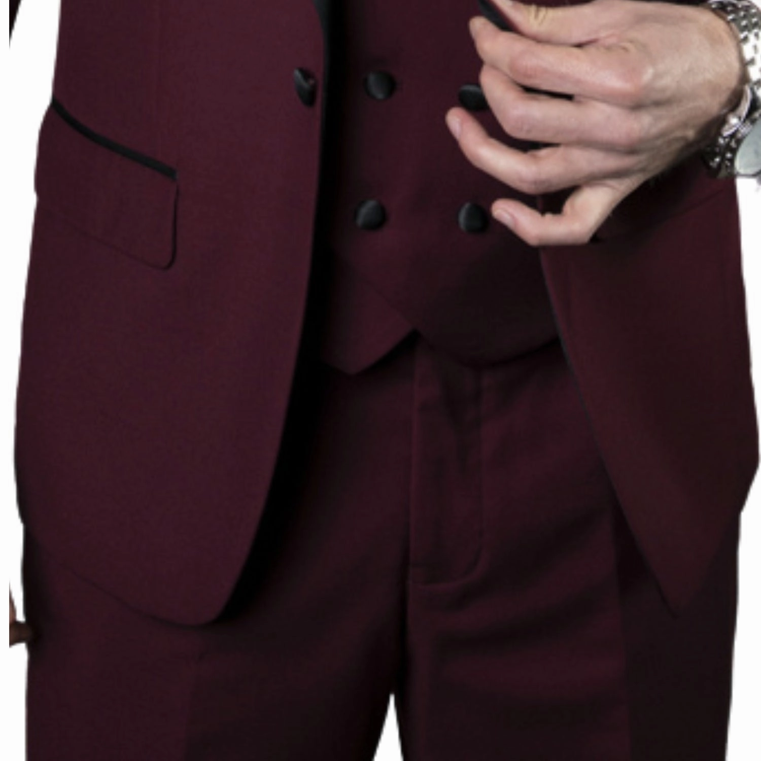 Austen Aura Collection: 3PC Tailored Fit Tuxedo in Burgundy with Double Breasted Vest