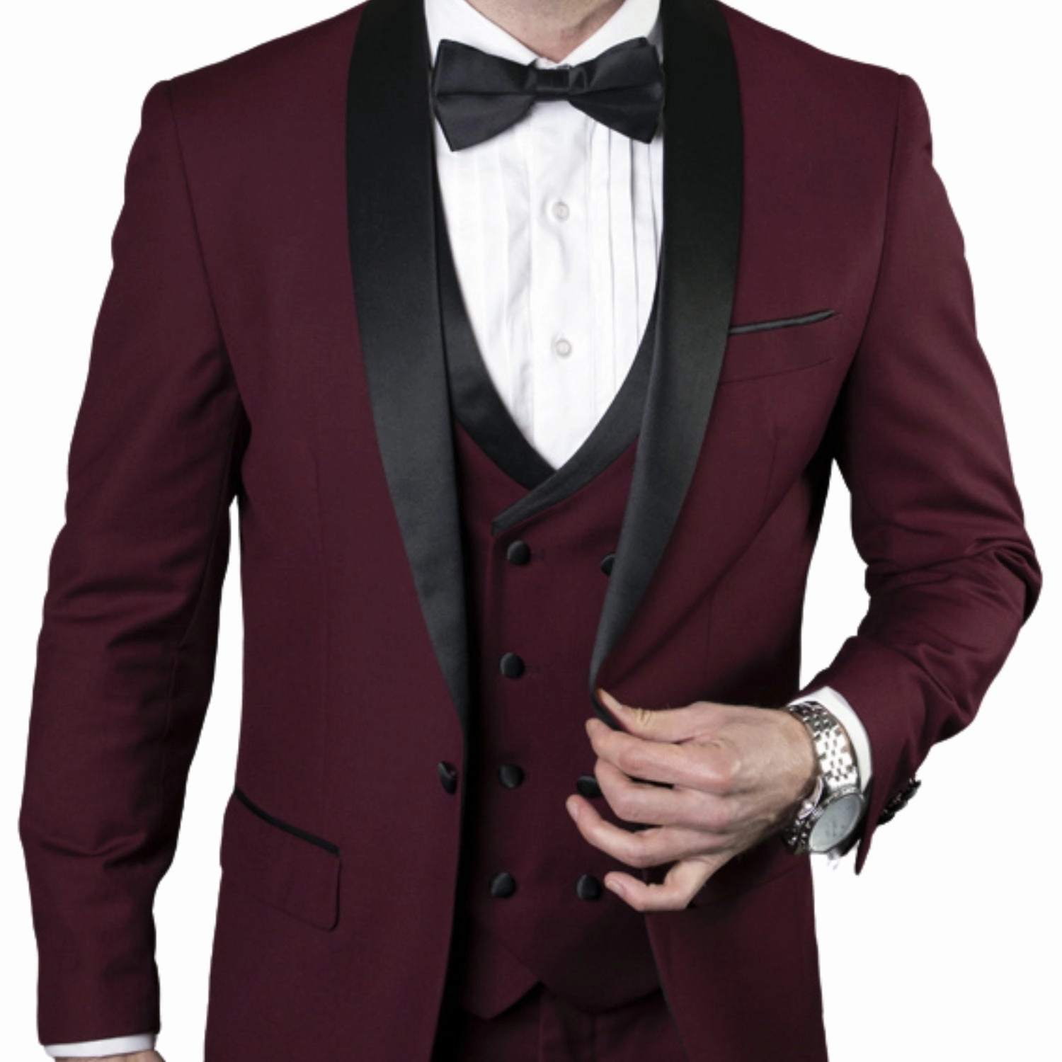 Austen Aura Collection: 3PC Tailored Fit Tuxedo in Burgundy with Double Breasted Vest