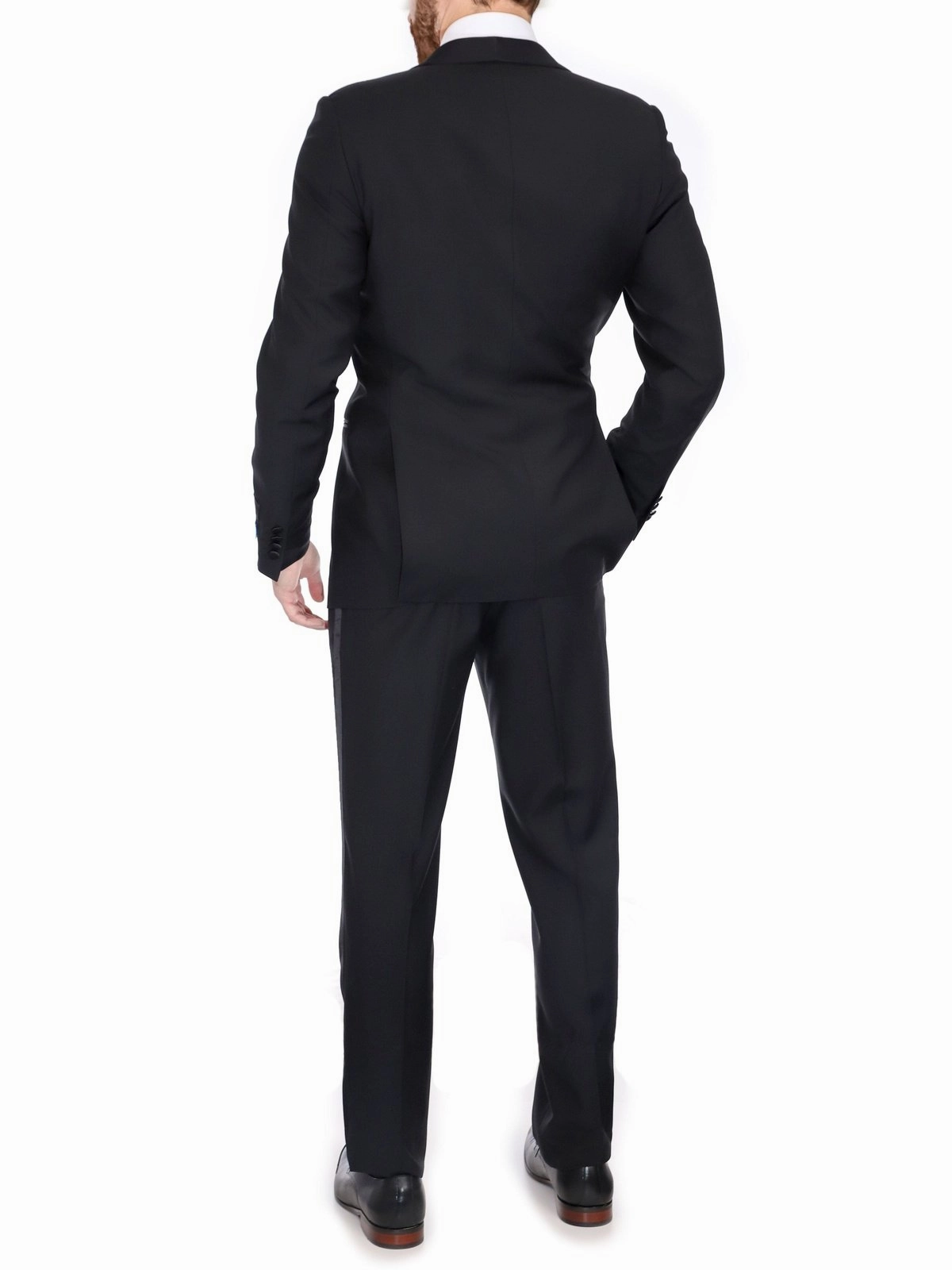 Blujacket Mens Solid Black 100% Wool Regular Fit Tuxedo Suit With Satin Lapel