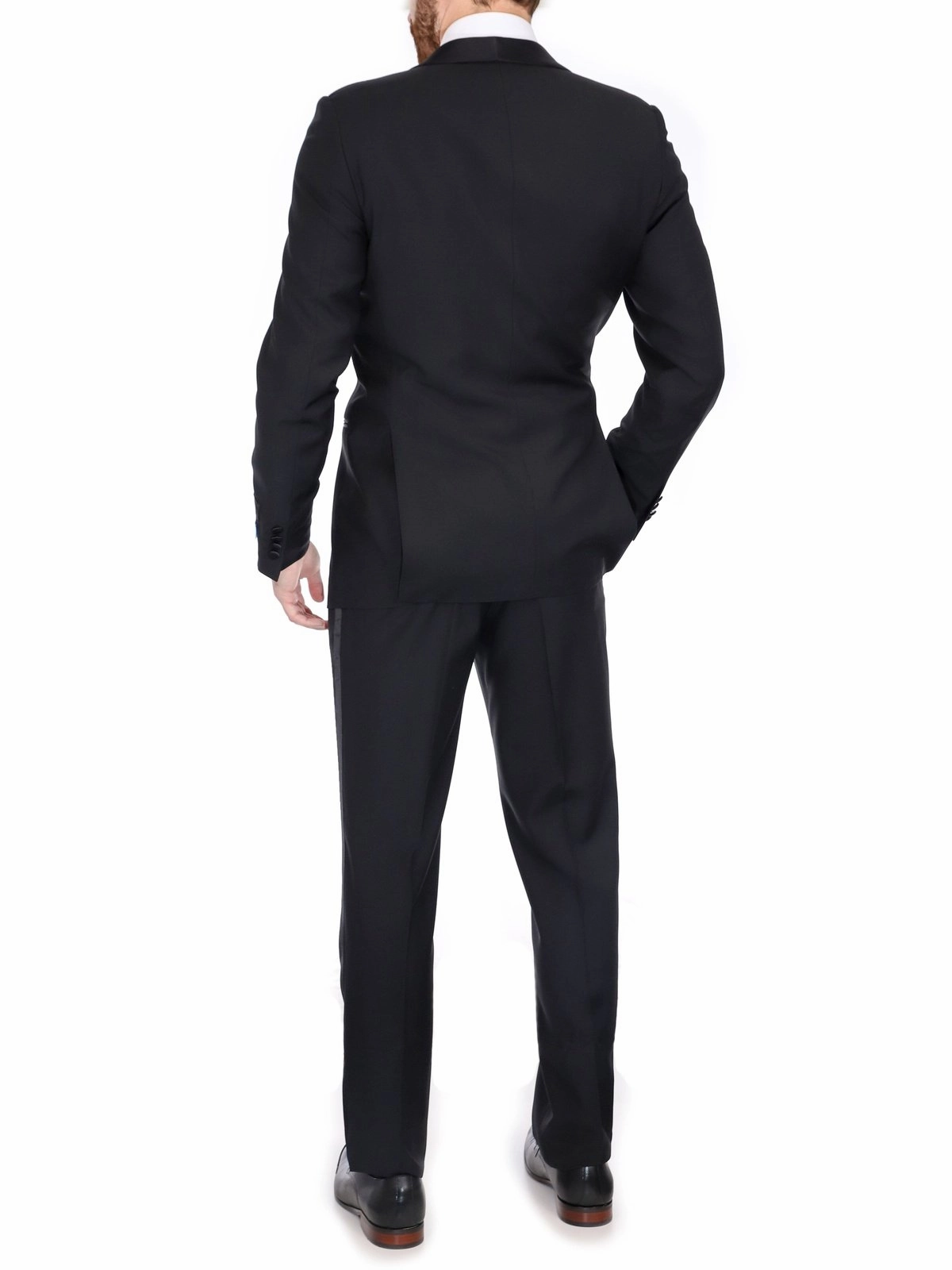 Blujacket Mens Solid Black 100% Wool Trim Fit Tuxedo Suit With Satin Shawl Lapel