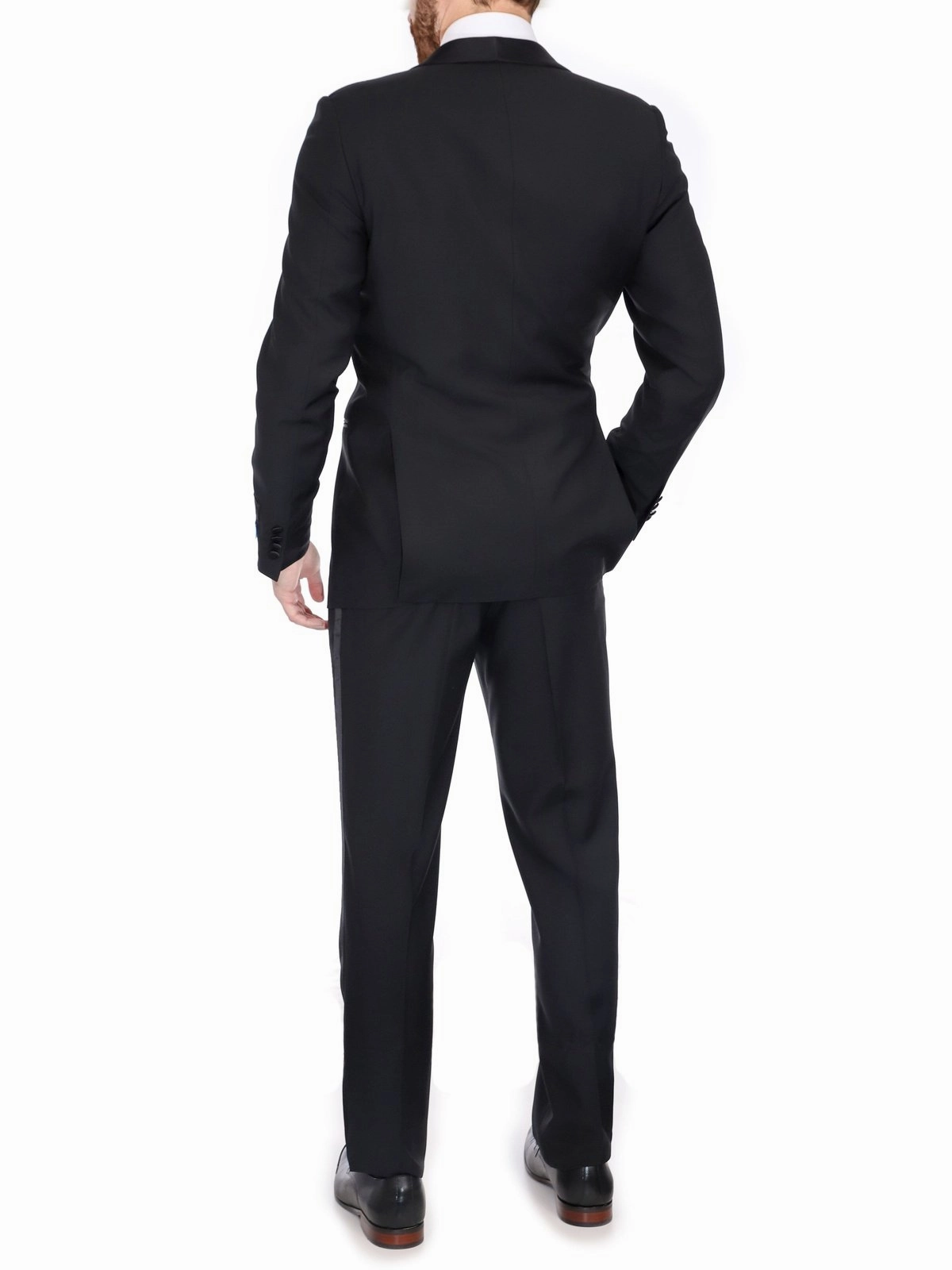 Blujacket Mens Solid Black 100% Wool Trim Fit Tuxedo Suit With Satin Shawl Lapel
