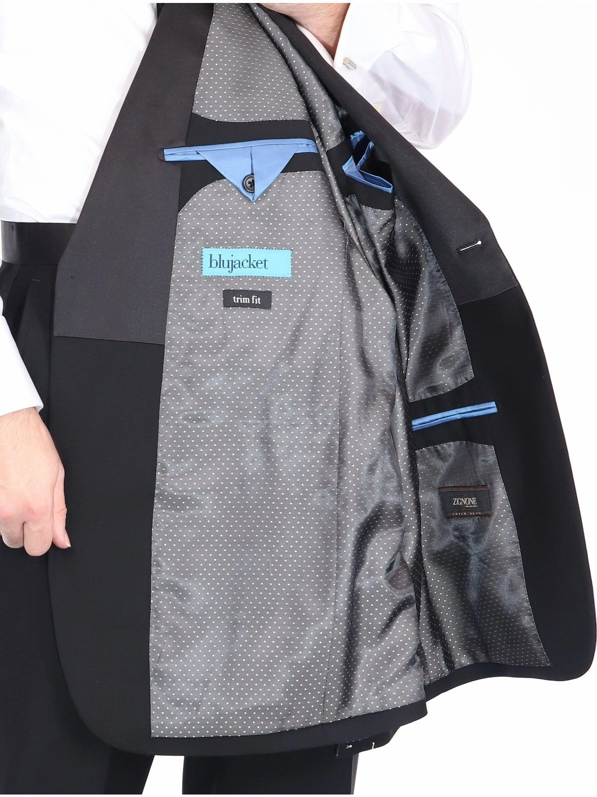 Blujacket Mens Solid Black 100% Wool Trim Fit Tuxedo Suit With Satin Shawl Lapel