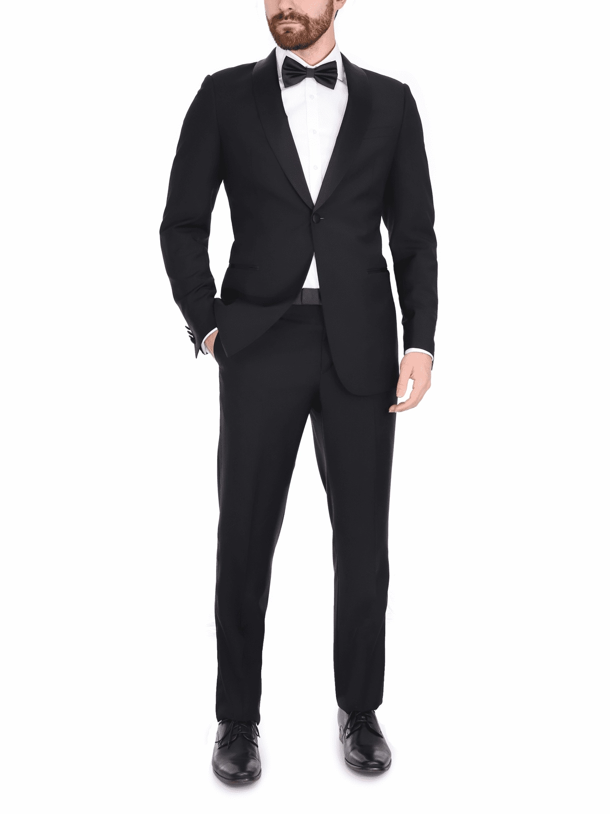 Blujacket Mens Solid Black 100% Wool Trim Fit Tuxedo Suit With Satin Shawl Lapel