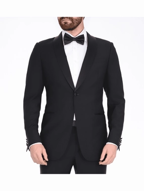 Blujacket Mens Solid Black 100% Wool Trim Fit Tuxedo Suit With Satin Shawl Lapel