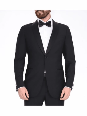 Blujacket Mens Solid Black 100% Wool Trim Fit Tuxedo Suit With Satin Shawl Lapel