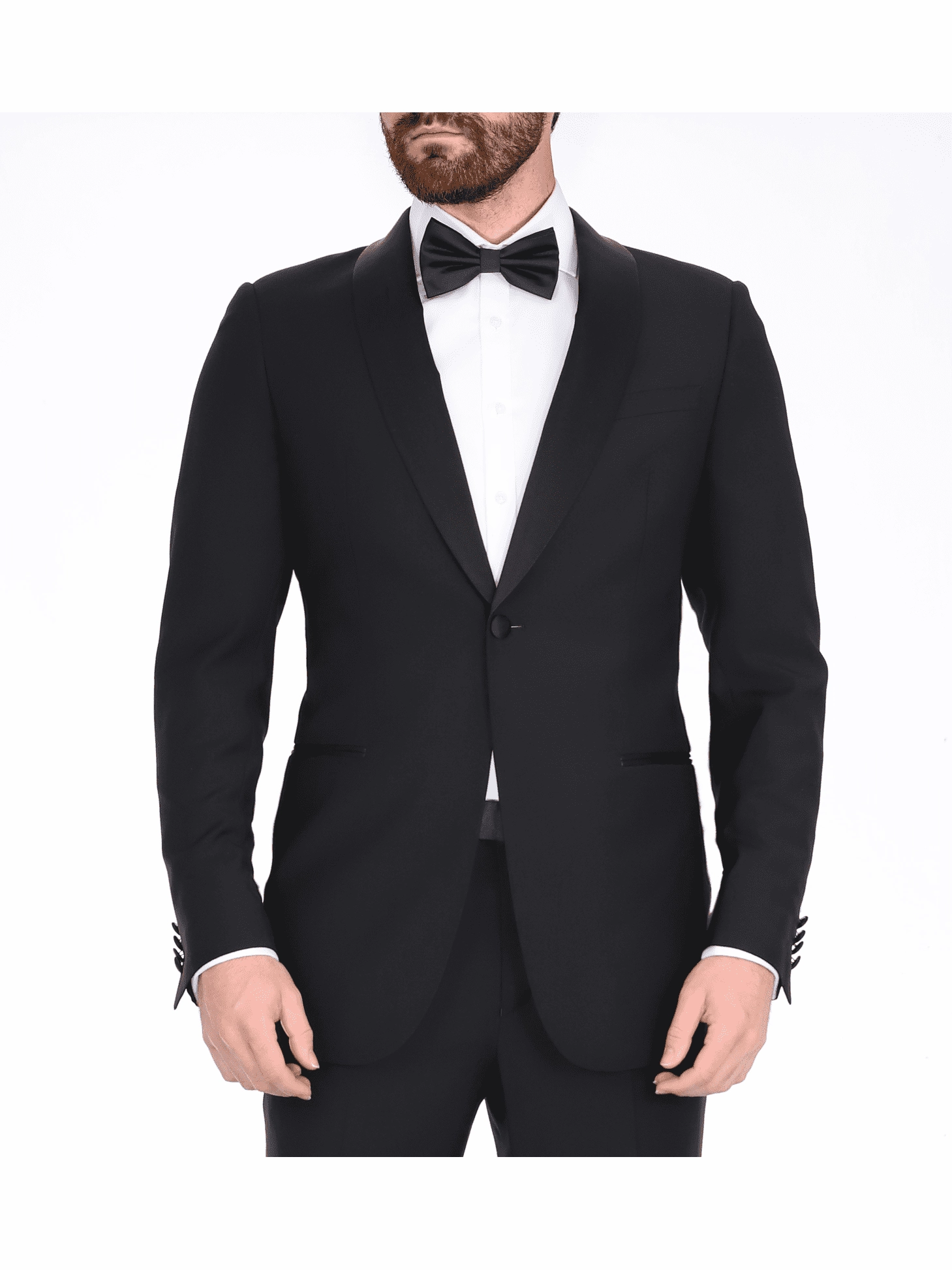 Blujacket Mens Solid Black 100% Wool Trim Fit Tuxedo Suit With Satin Shawl Lapel