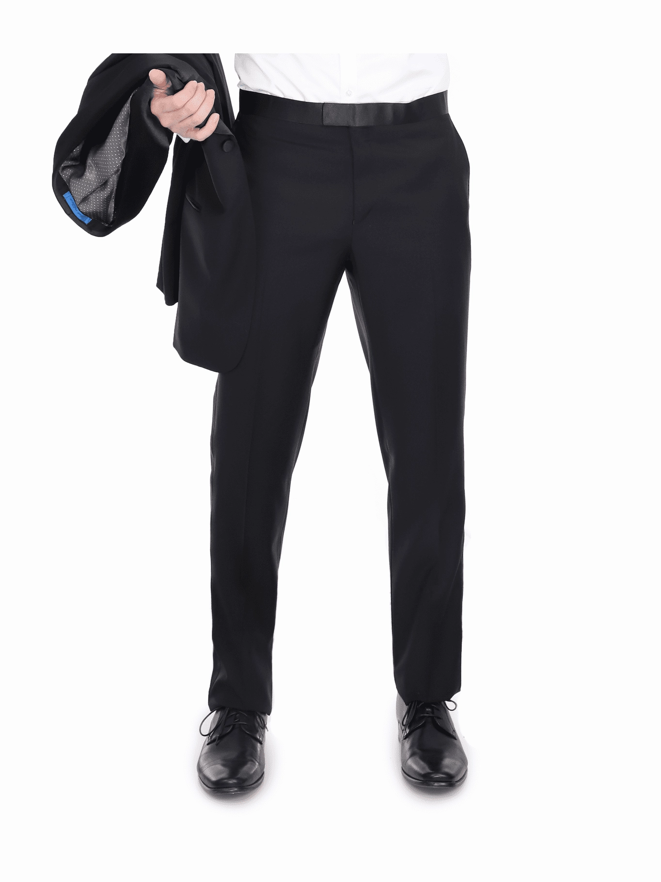 Blujacket Mens Solid Black 100% Wool Trim Fit Tuxedo Suit With Satin Shawl Lapel