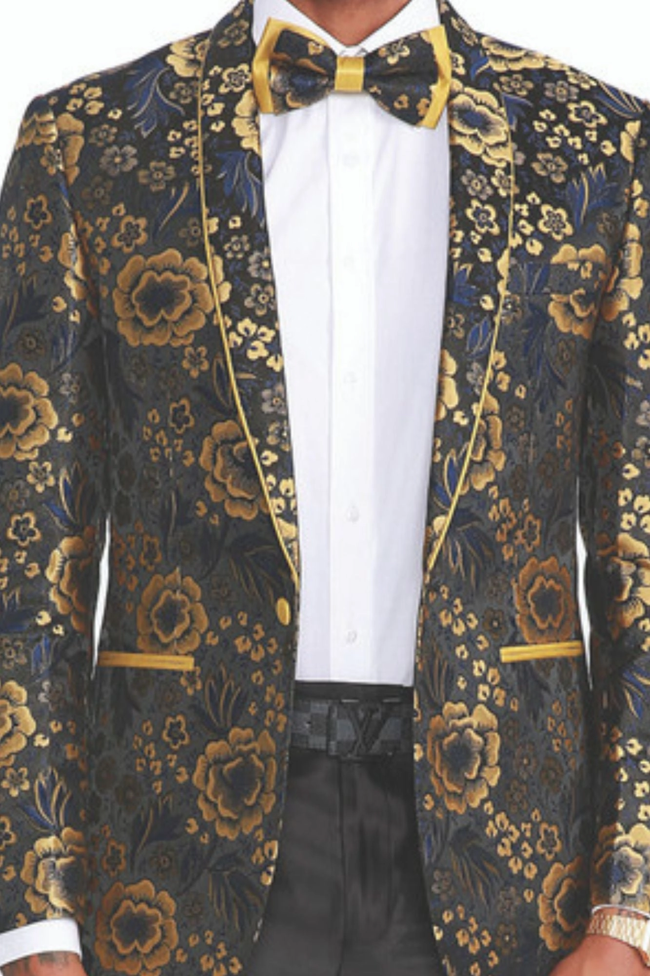 Brillante Collection: Men's Floral Pattern Blazer With Interior Pic Stitching in Gold