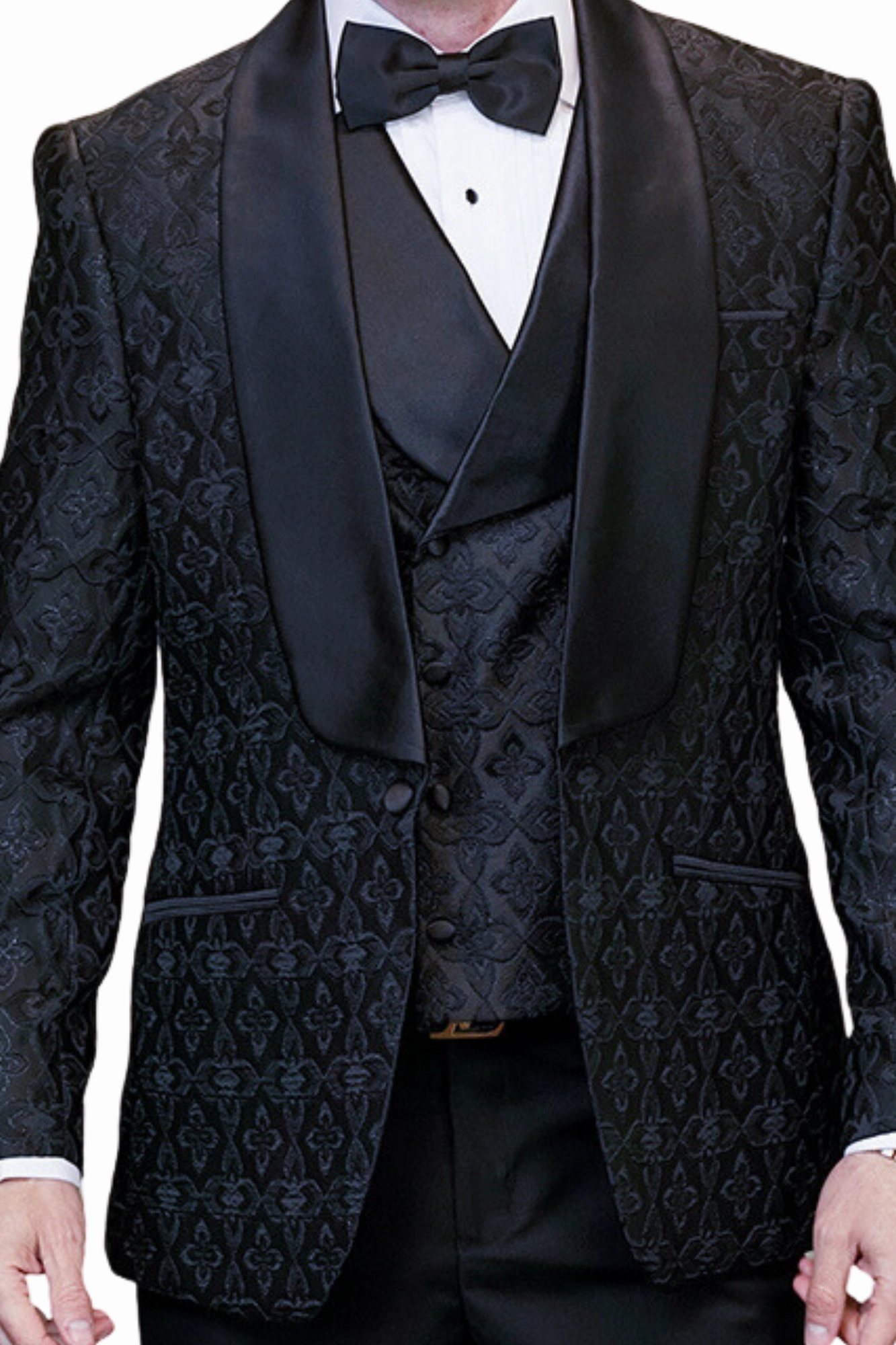 Bronte Bliss Collection: 3PC Modern Fit Tuxedo With Satin Pants And Side Seam In Black