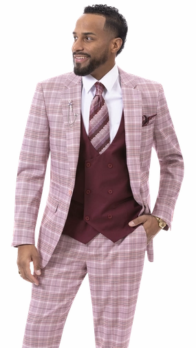 Burgundy Plaid Three Piece Fashion Suit M2787