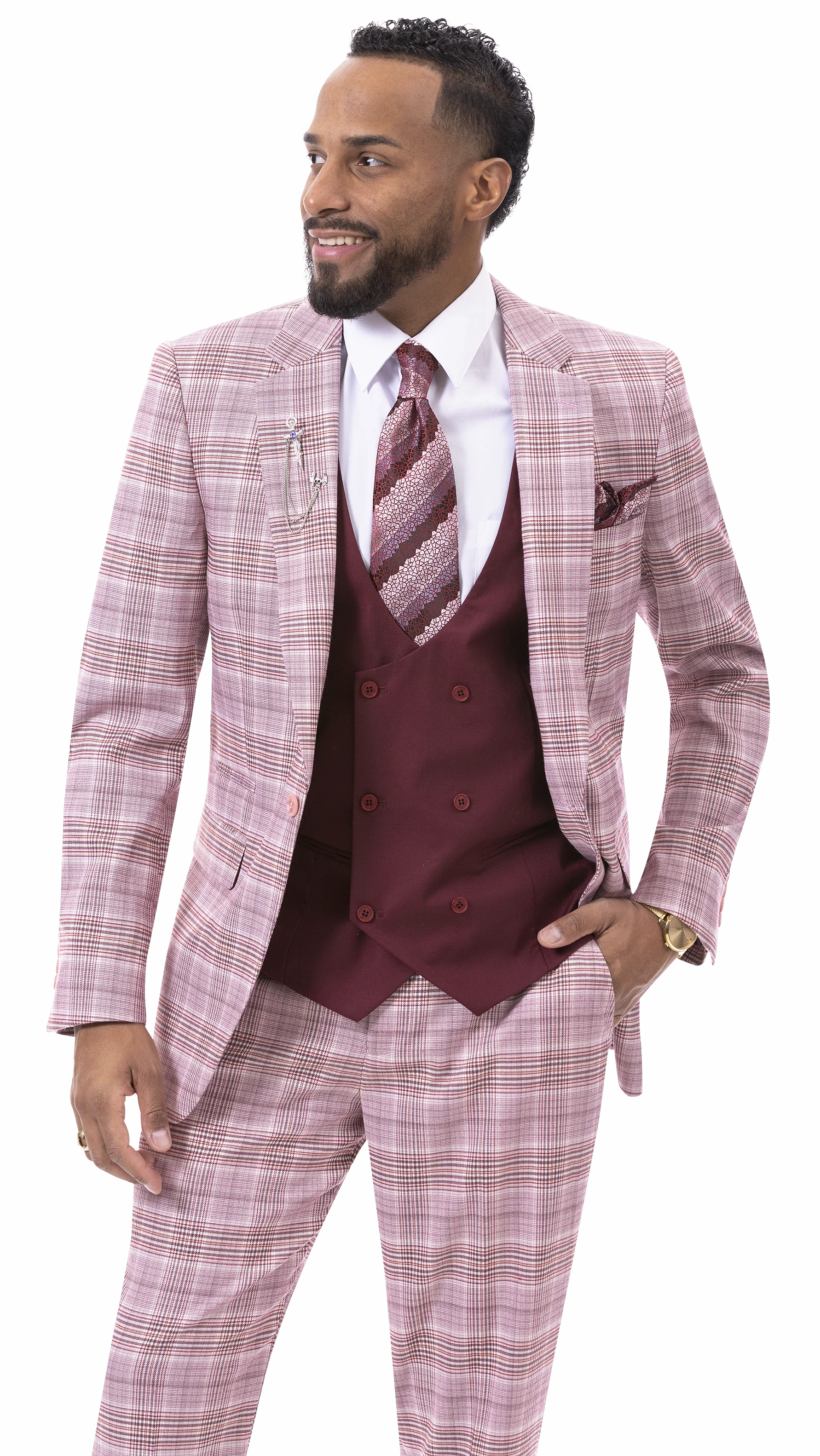 Burgundy Plaid Three Piece Fashion Suit M2787