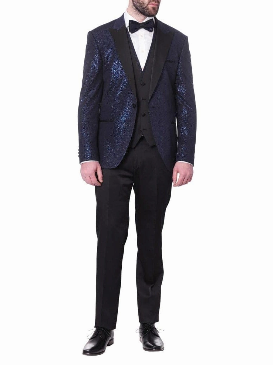 Cemden Mens Solid Blue Shimmer 2 Piece One Button Tuxedo Suit