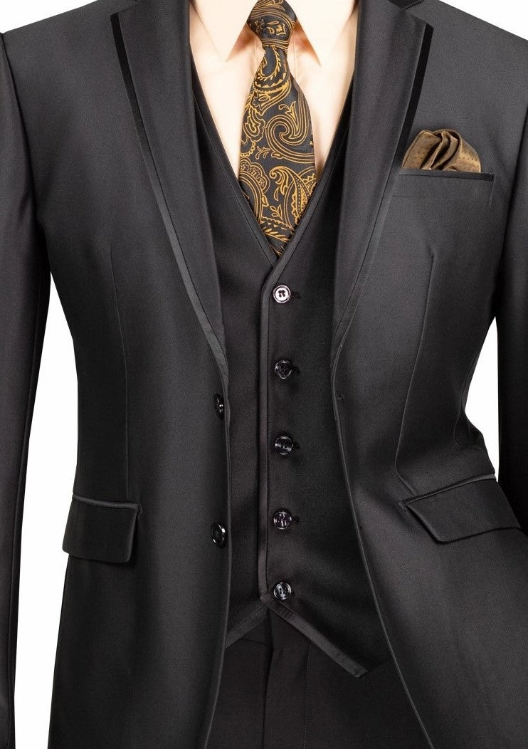 Centaurus Collection: Black 3-Piece Solid Satin Look Slim Fit Suit with Fancy Vest