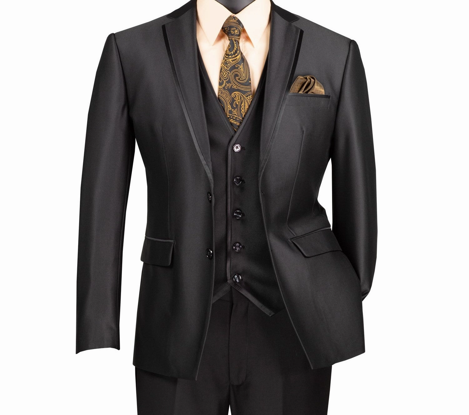 Centaurus Collection: Black 3-Piece Solid Satin Look Slim Fit Suit with Fancy Vest