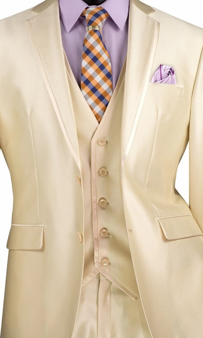 Centaurus Collection: Champagne Beige 3-Piece Solid Satin Look Slim Fit Suit with Fancy Vest