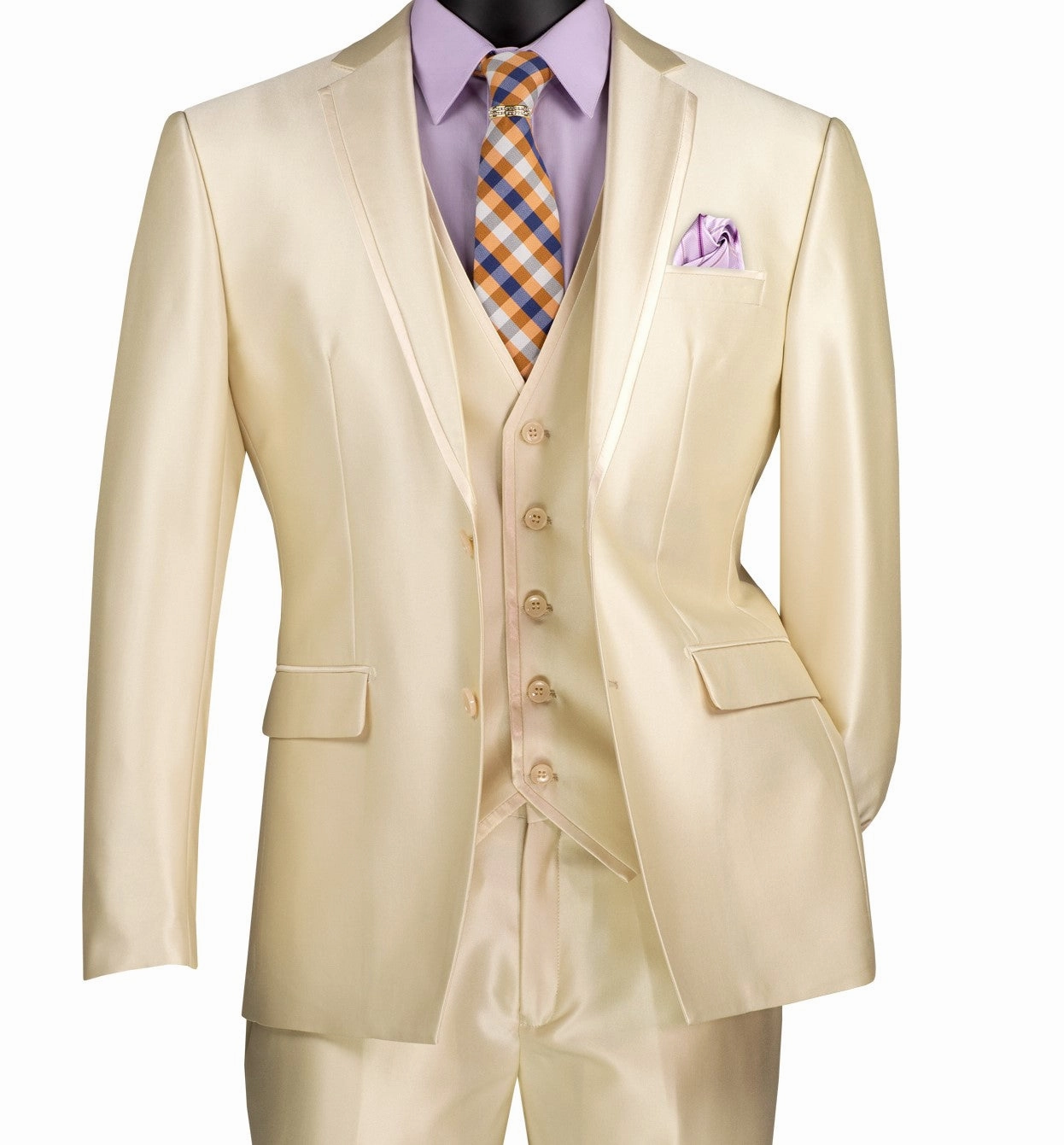 Centaurus Collection: Champagne Beige 3-Piece Solid Satin Look Slim Fit Suit with Fancy Vest