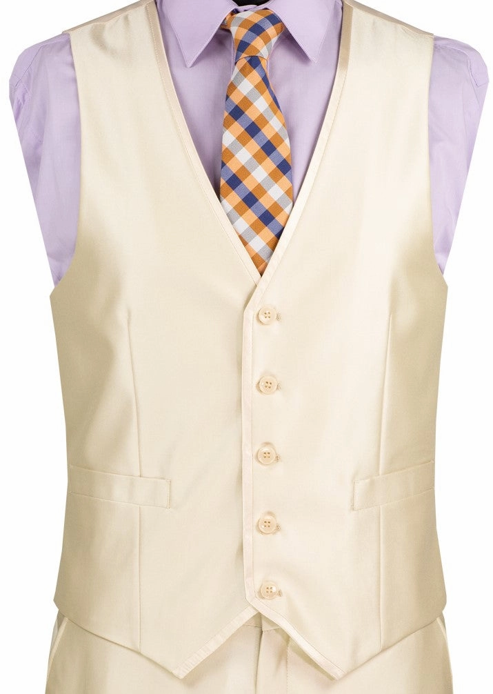 Centaurus Collection: Champagne Beige 3-Piece Solid Satin Look Slim Fit Suit with Fancy Vest