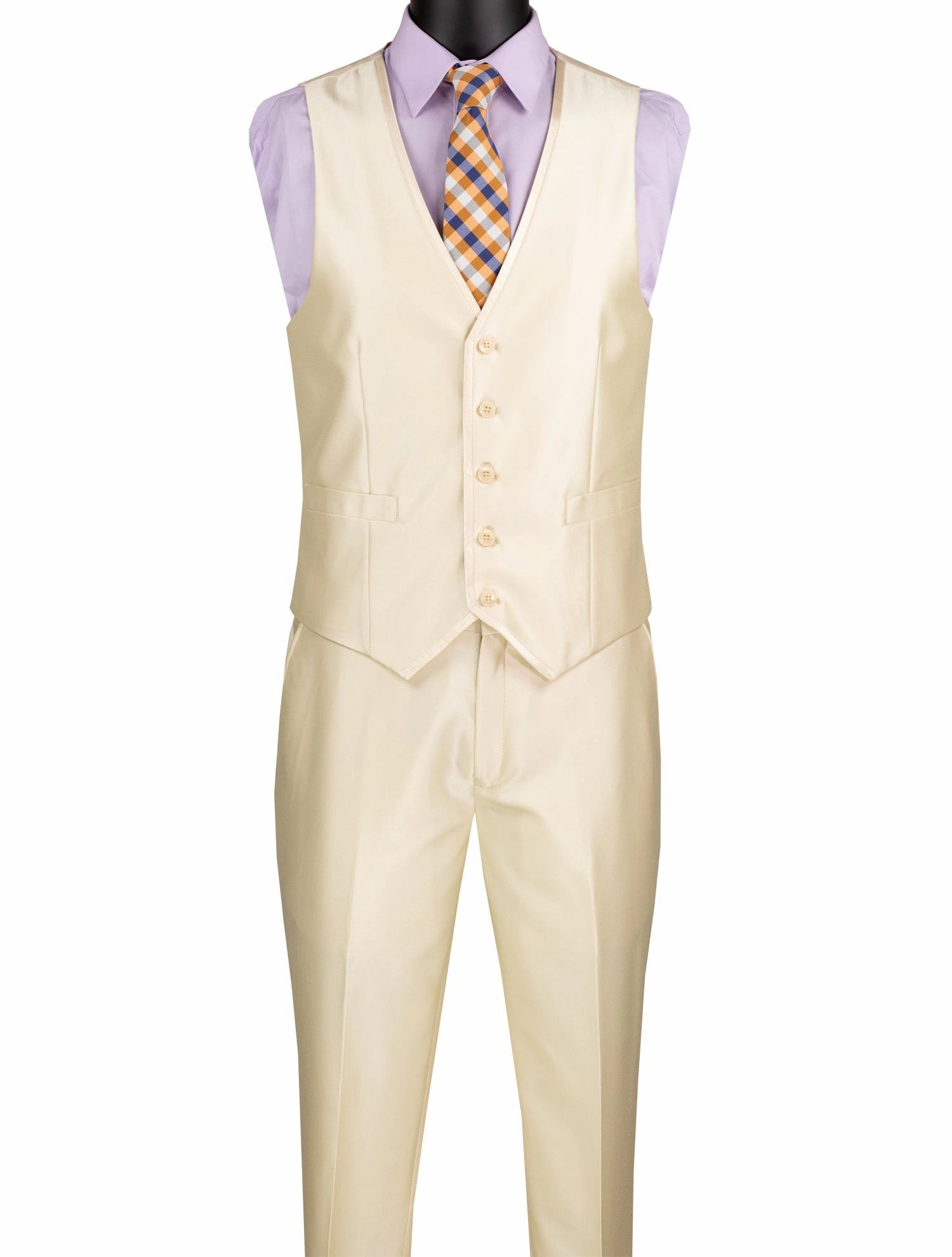 Centaurus Collection: Champagne Beige 3-Piece Solid Satin Look Slim Fit Suit with Fancy Vest