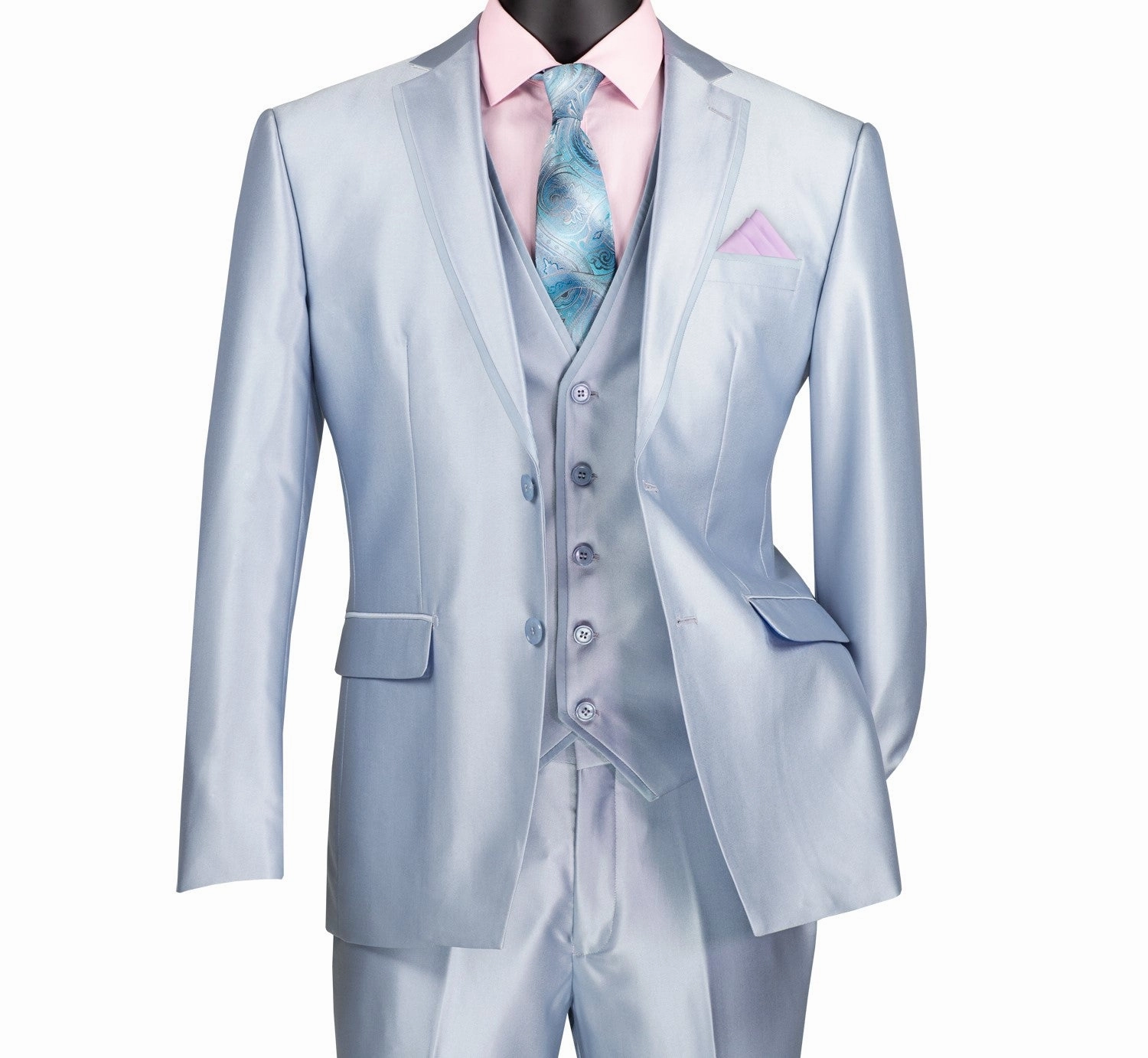 Centaurus Collection: Ice Blue 3-Piece Solid Satin Look Slim Fit Suit with Fancy Vest
