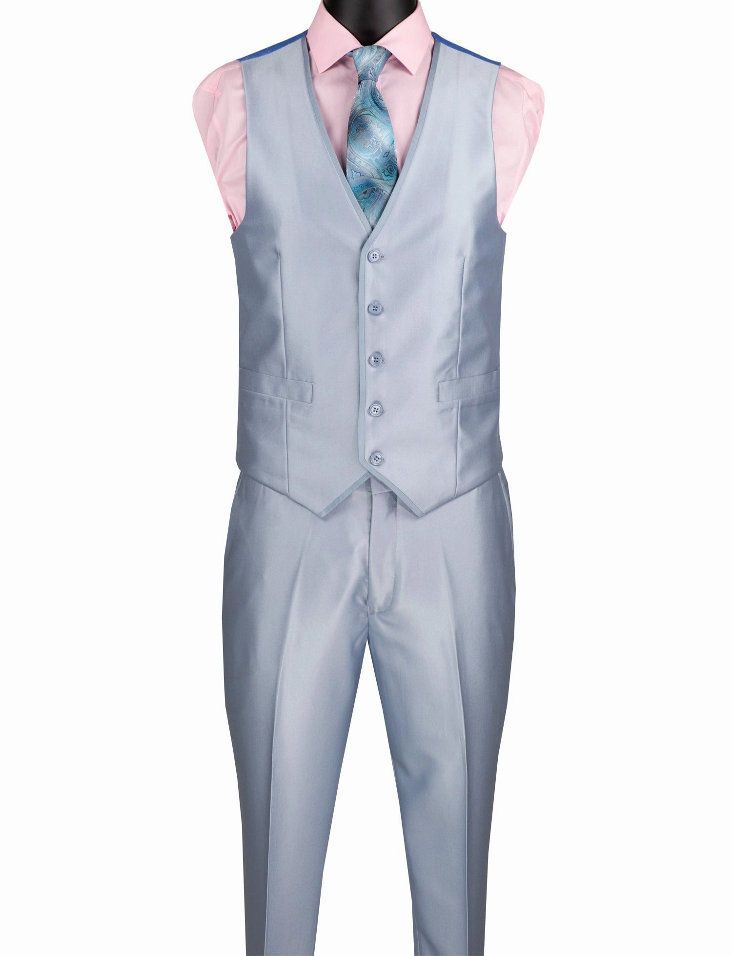 Centaurus Collection: Ice Blue 3-Piece Solid Satin Look Slim Fit Suit with Fancy Vest