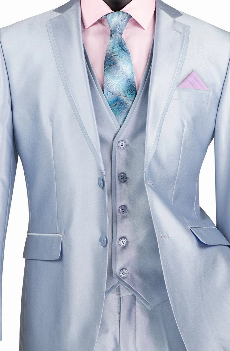 Centaurus Collection: Ice Blue 3-Piece Solid Satin Look Slim Fit Suit with Fancy Vest