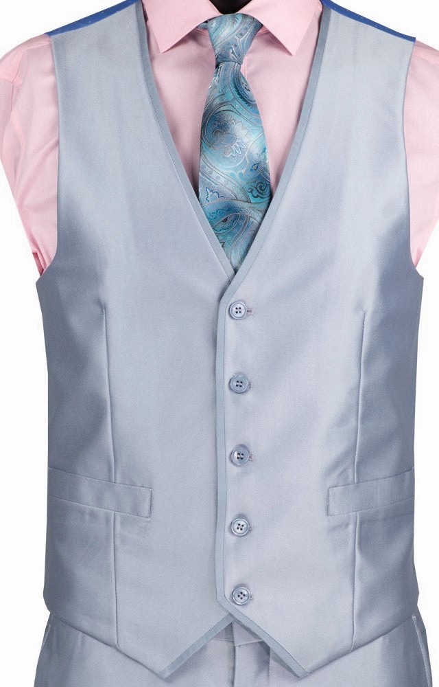 Centaurus Collection: Ice Blue 3-Piece Solid Satin Look Slim Fit Suit with Fancy Vest