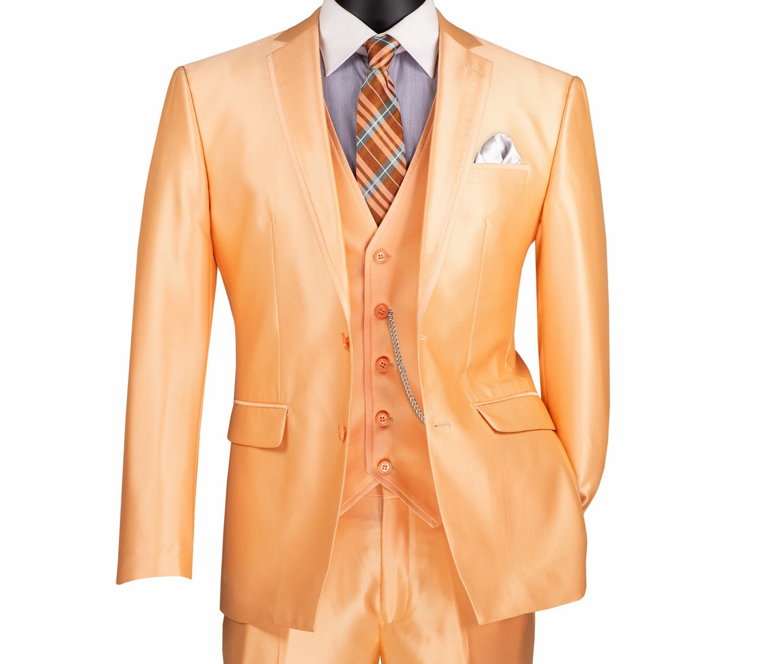 Centaurus Collection: Melon 3-Piece Solid Satin Look Slim Fit Suit with Fancy Vest