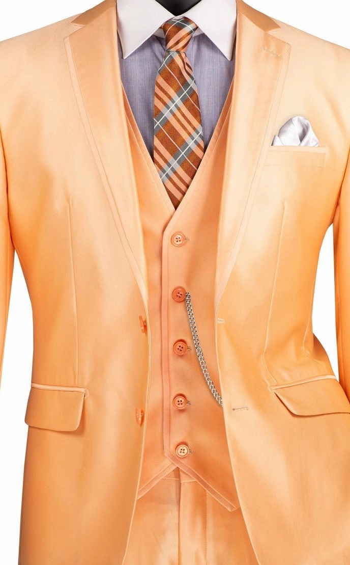 Centaurus Collection: Melon 3-Piece Solid Satin Look Slim Fit Suit with Fancy Vest