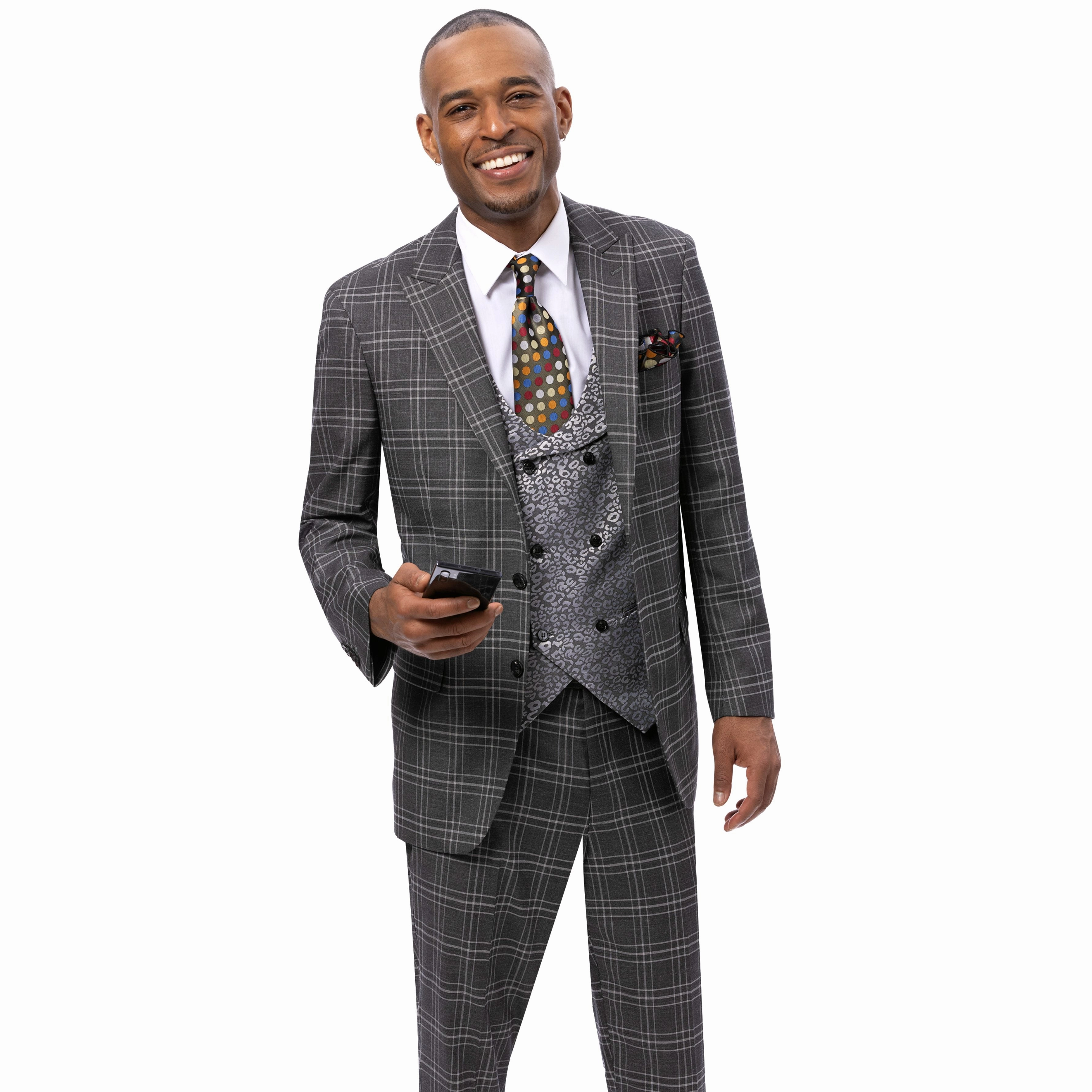 Charisma Grey Plaid Three-Piece Suit with Double-Breasted Vest