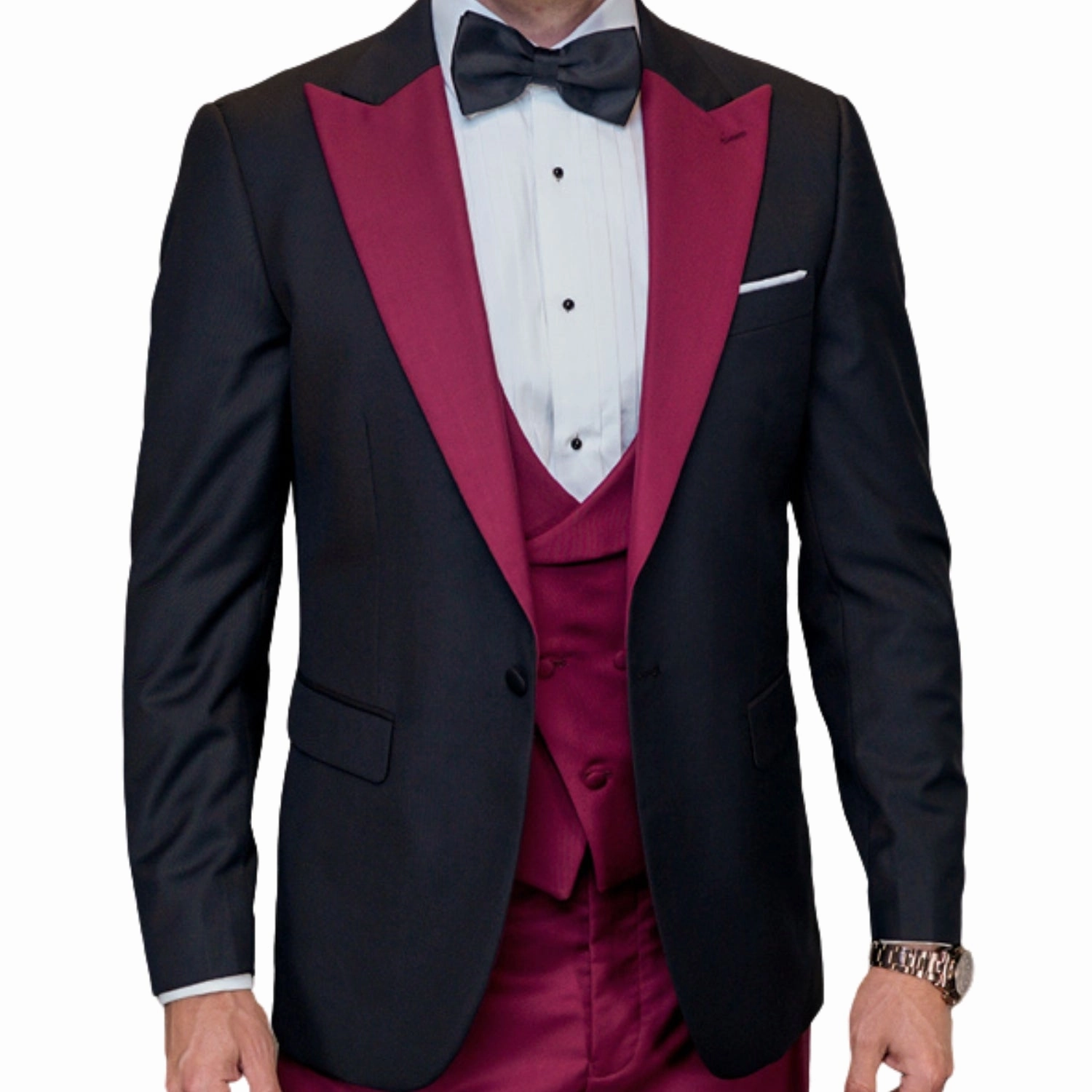 ChicChato Collection: Black Tuxedo with Burgundy Peak Lapel and Accents - Modern Fit