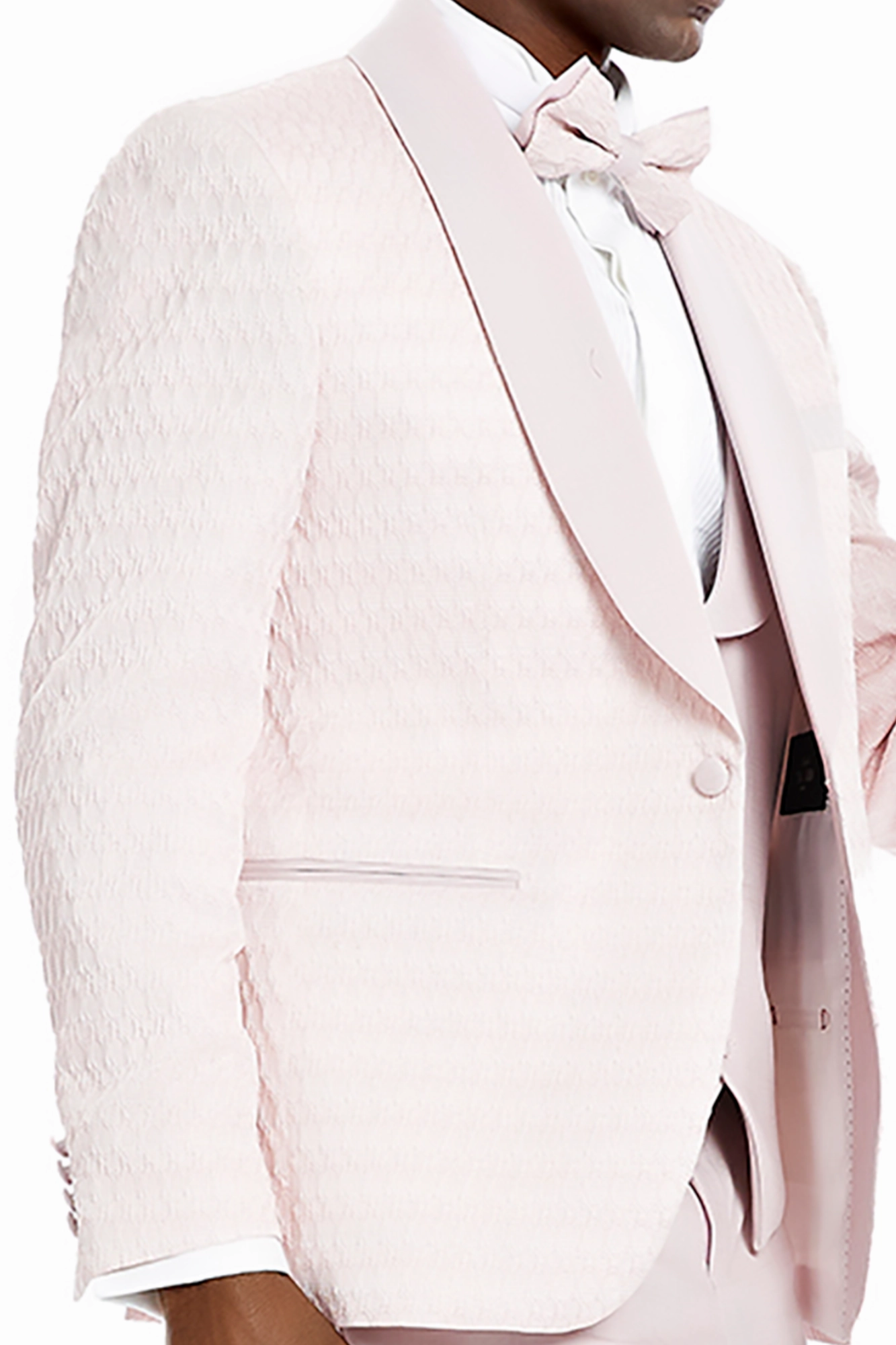 Contours Collection: 3-Piece Honeycomb Pattern Slim Fit Tuxedo In Pink