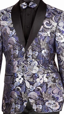 Cosmos Collection: Navy 2 Button Paisley Pattern Single Breasted Modern Fit Blazer