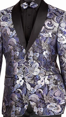 Cosmos Collection: Navy 2 Button Paisley Pattern Single Breasted Modern Fit Blazer