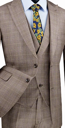 Countess Couture Collection: Tan 3 Piece Glen Plaid Single Breasted Modern Fit Suit