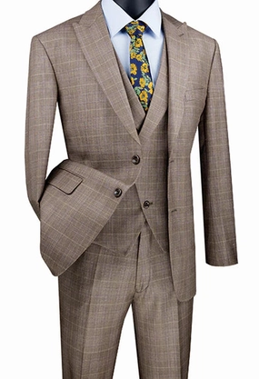 Countess Couture Collection: Tan 3 Piece Glen Plaid Single Breasted Modern Fit Suit