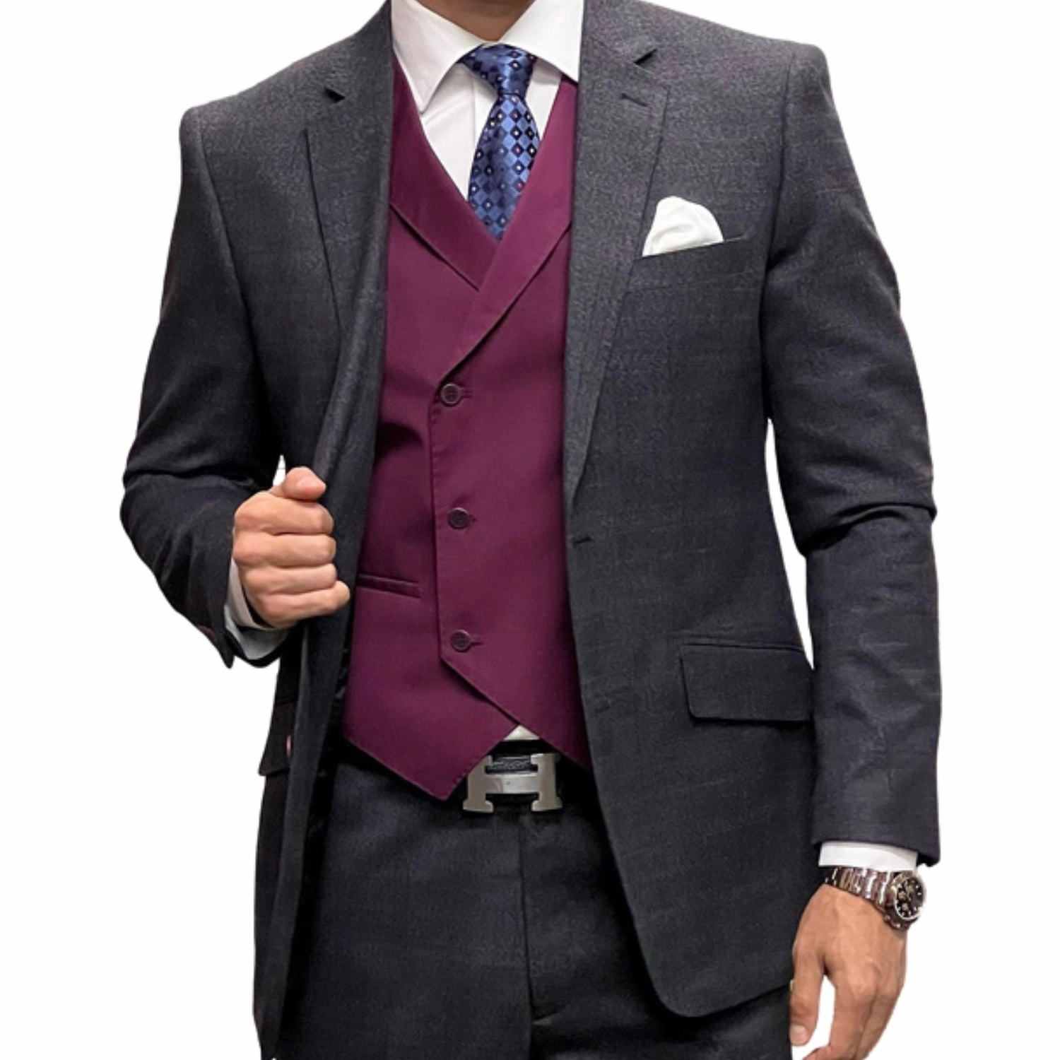 Dapperique Collection: Charcoal Plaid 3-Piece Suit with Double-Breasted Vest - Modern Fit