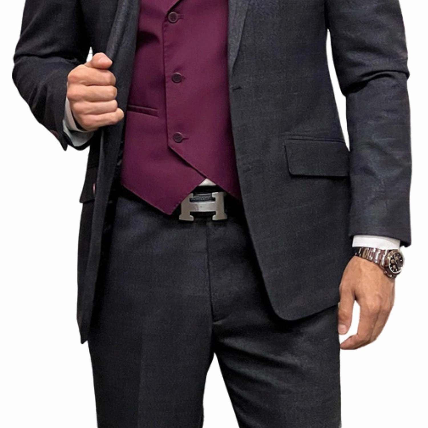 Dapperique Collection: Charcoal Plaid 3-Piece Suit with Double-Breasted Vest - Modern Fit
