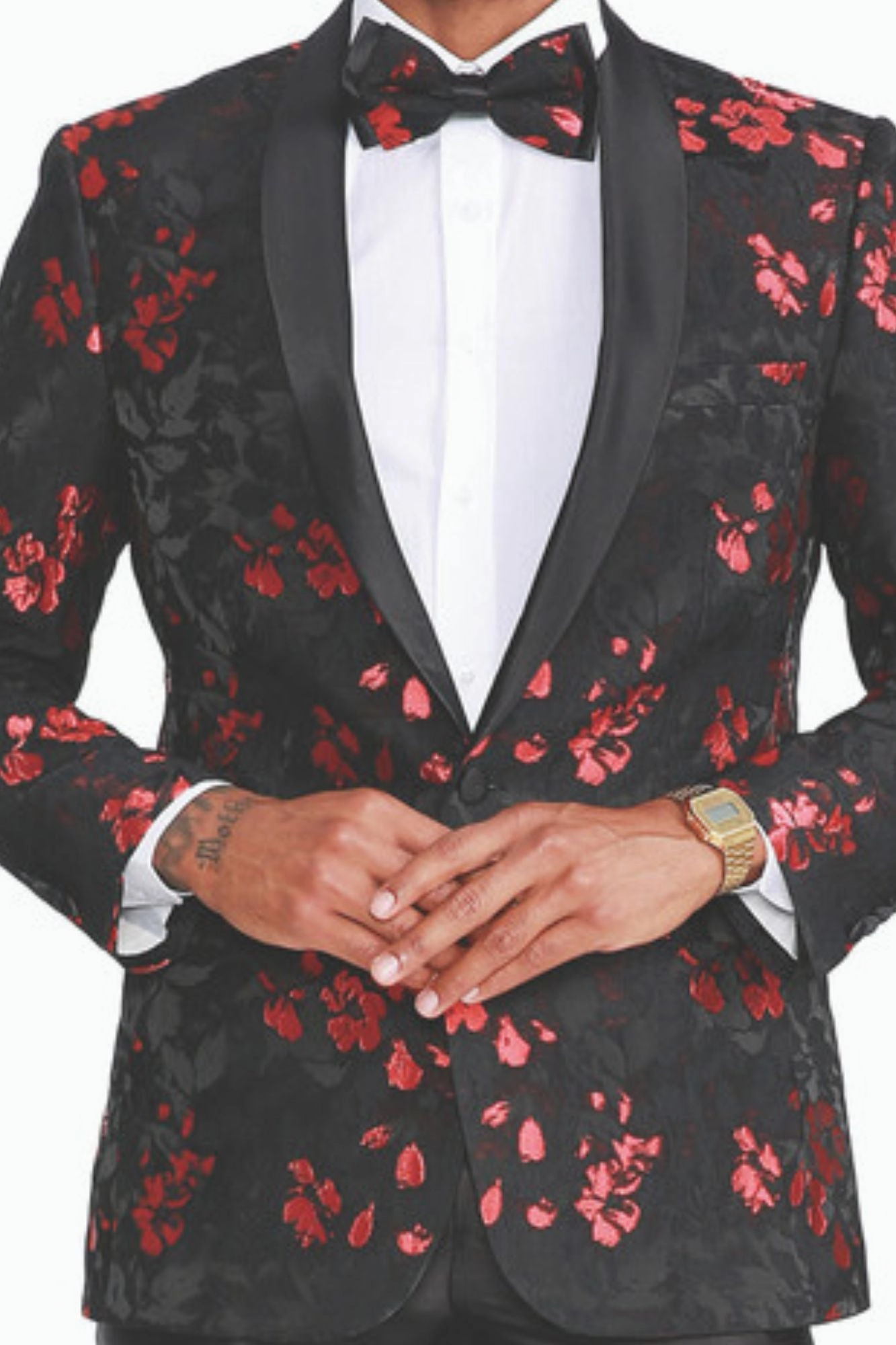 Decoroso Collection: Men's Floral Pattern Blazer With Interior Pic Stitching in Black & Red