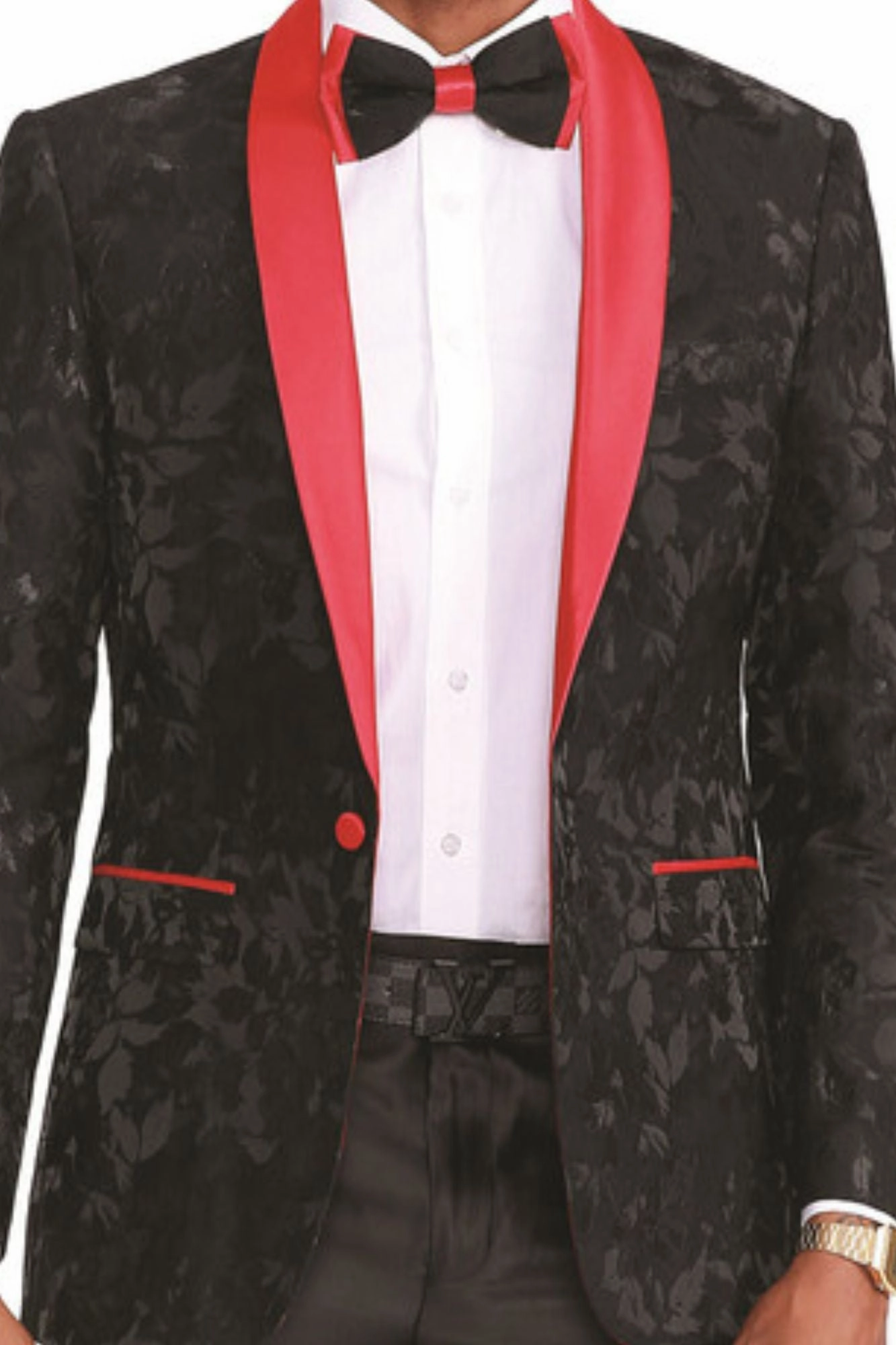 Decoroso Collection: Men's Floral Pattern Blazer With Interior Pic Stitching in Red & Black
