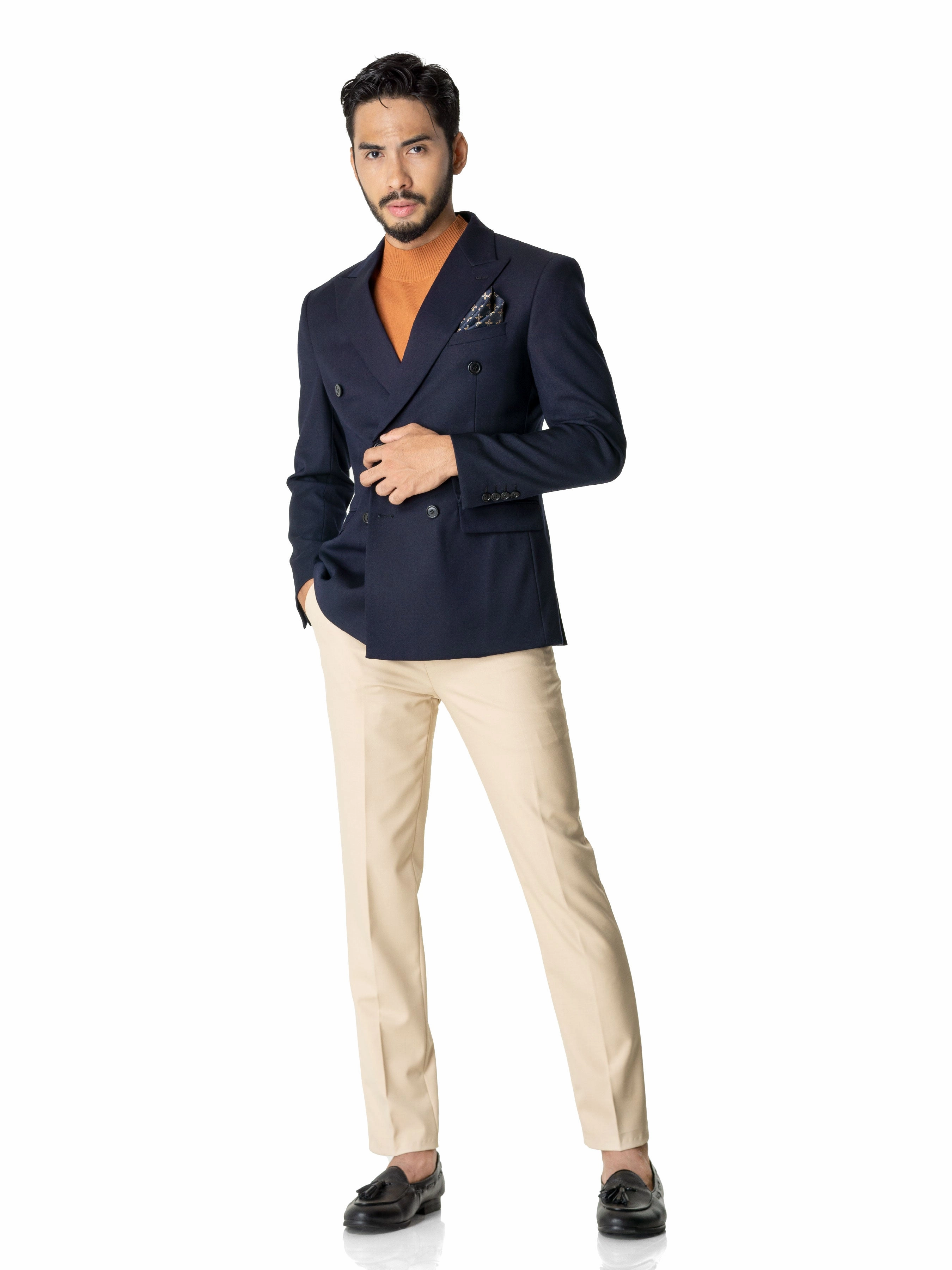 Double Breasted Suit Blazer - Deep Blue (Peak Lapel)