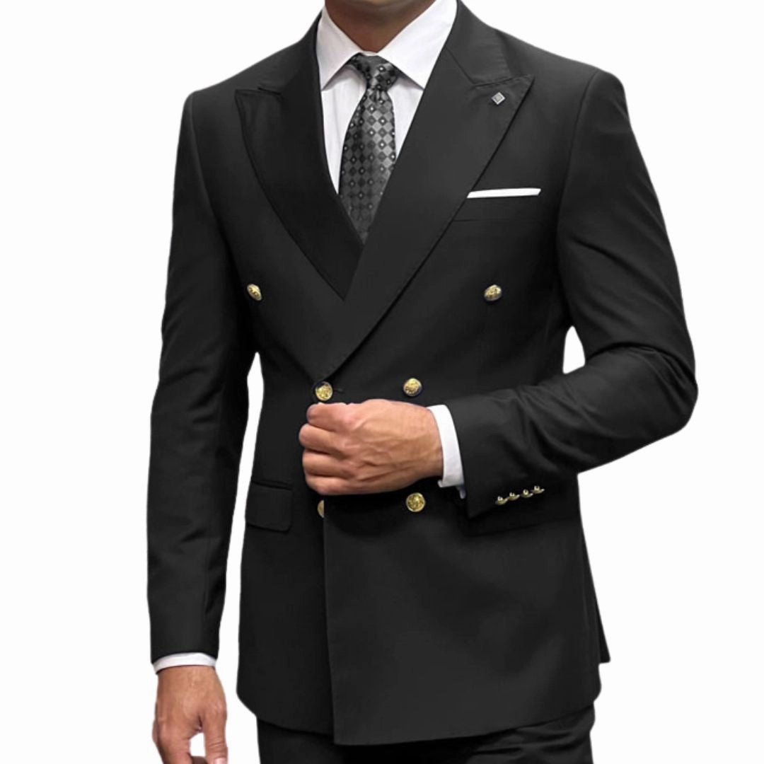 Echelon Collection: Black 2-Piece Tailored Fit Double-Breasted Suit with Gold Buttons