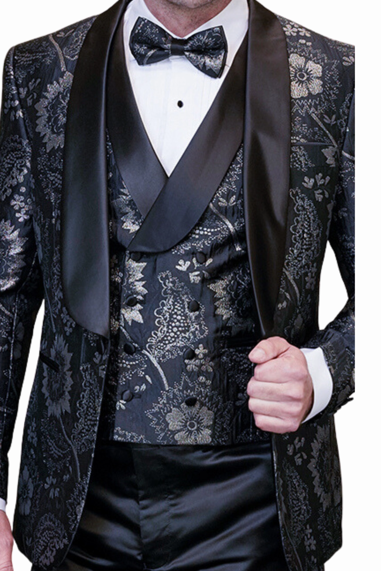 Eclipse Elegance Collection: 3PC Modern Fit Shawl Lapel Tuxedo With Woven Fabric In Black