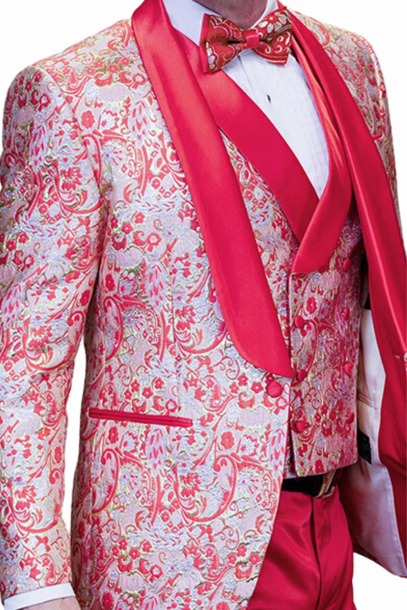 Eclipse Elegance Collection: 3PC Modern Fit Shawl Lapel Tuxedo With Woven Fabric In Coral