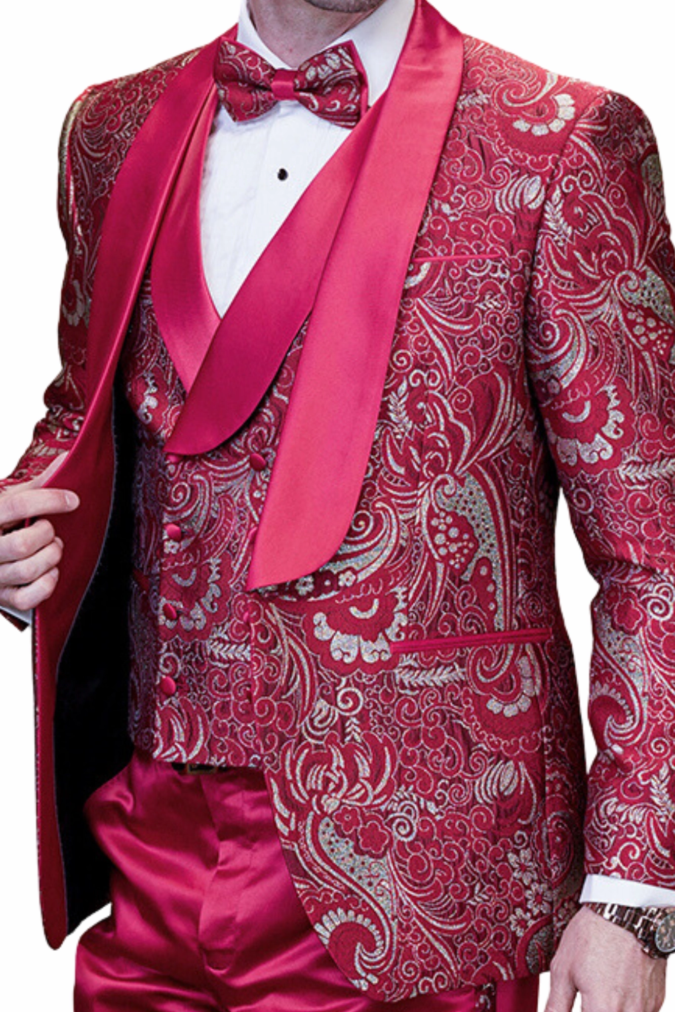 Eclipse Elegance Collection: 3PC Modern Fit Shawl Lapel Tuxedo With Woven Fabric In Red