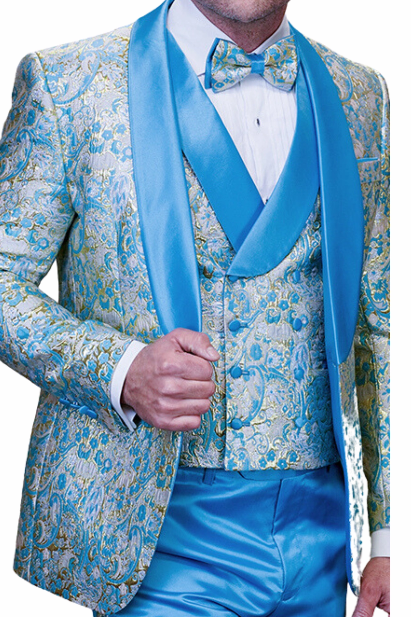 Eclipse Elegance Collection: 3PC Modern Fit Shawl Lapel Tuxedo With Woven Fabric In Turquoise