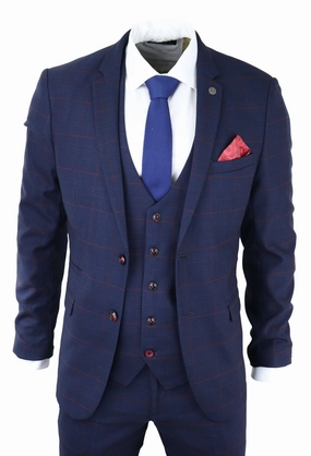Edinson Navy Wine Check 3 Piece Suit