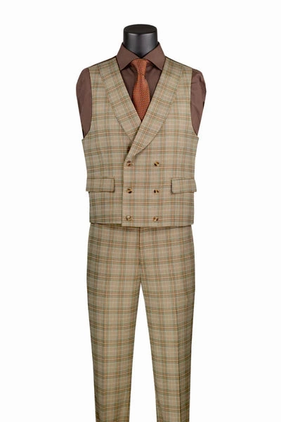 Elegancia Collection: Khaki 3 Piece Windowpane Single Breasted Modern Fit Suit