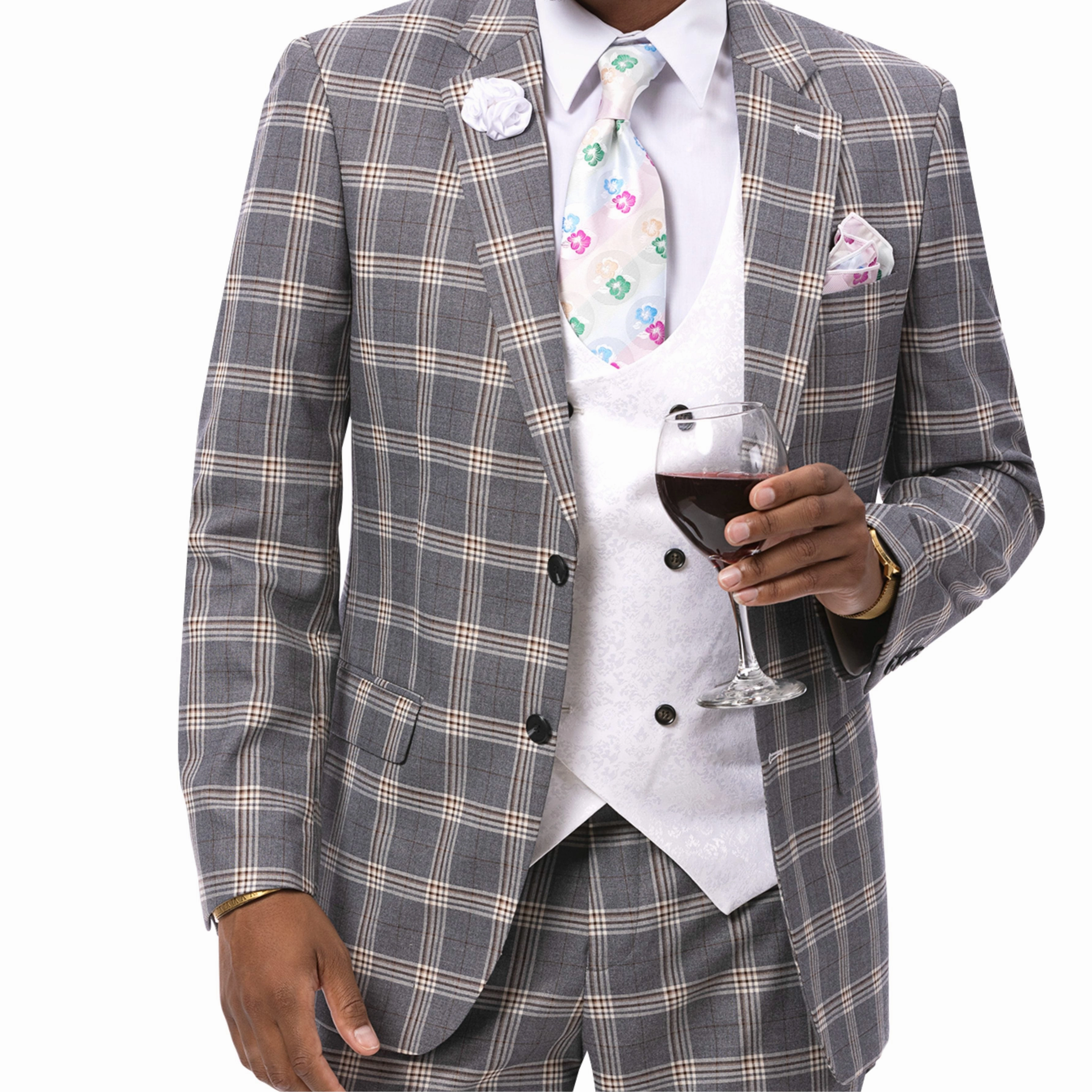 Elegant Gray Plaid 3-Piece Suit with Double-Breasted Vest
