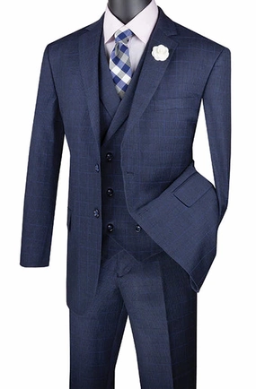 ElegantEcho Collection: Navy 3 Piece Glen Plaid Single Breasted Regular Fit Suit